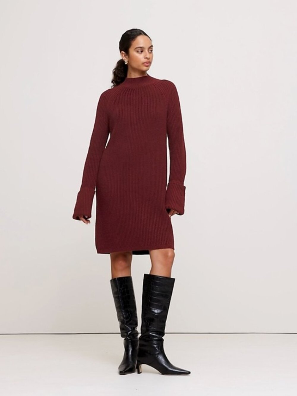 Banana Republic Cotton-Wool Mock-Neck Mini Sweater Dress Size L 12/14 Maroon